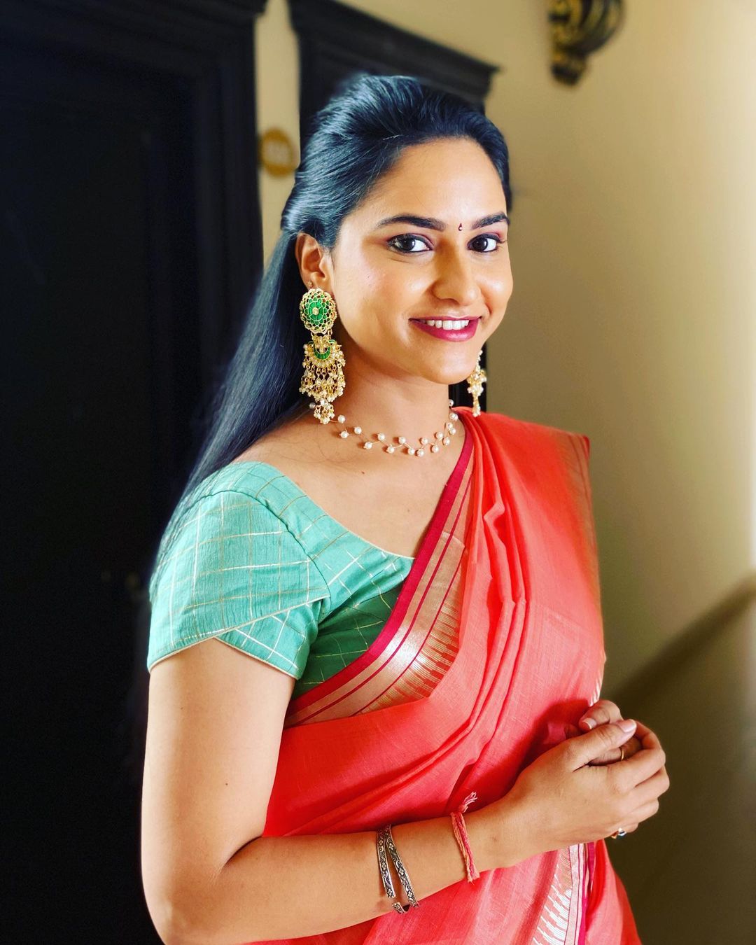 Telugu Tv Anchor Kasi Annapurna Stills in Red Saree